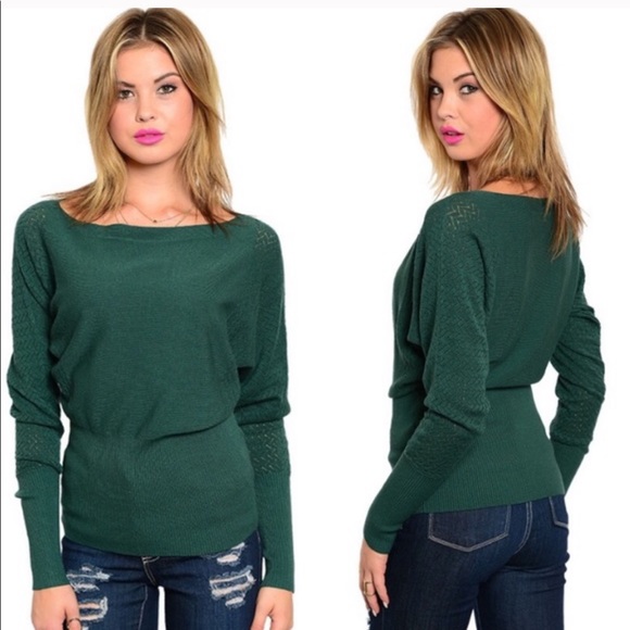 Sweaters - Hunter Green Open Knit Sleeves Boatneck Sweater